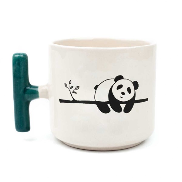 Bambulu Panda El Yapımı Krem Parlak Kupa (Yeşil Kulp)
