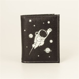 Astronot Gece Siyah Deri Kartlık